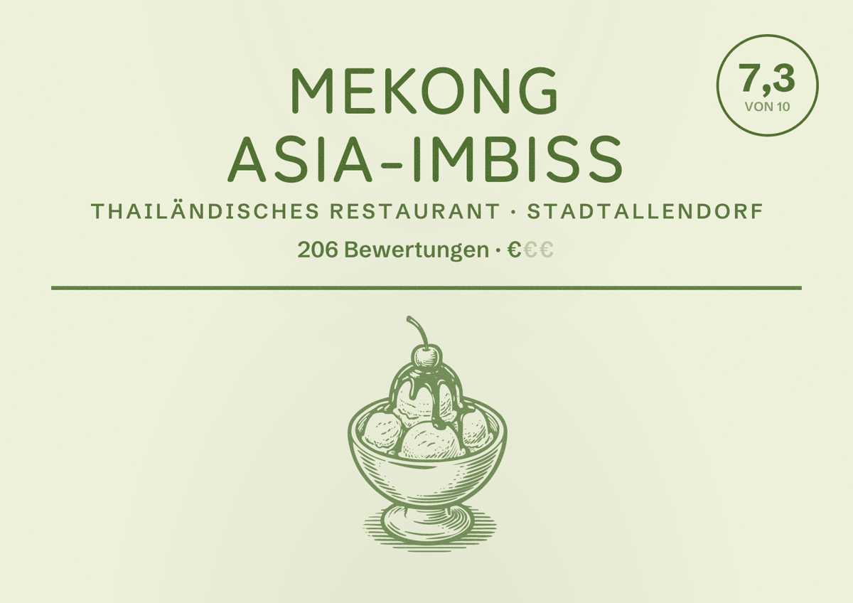 Illustriertes Poster von Mekong Asia-Imbiss, Thailändisches Restaurant in Stadtallendorf: Bewertung 7,3 von 10 aus 206 Bewertungen, Preisniveau €