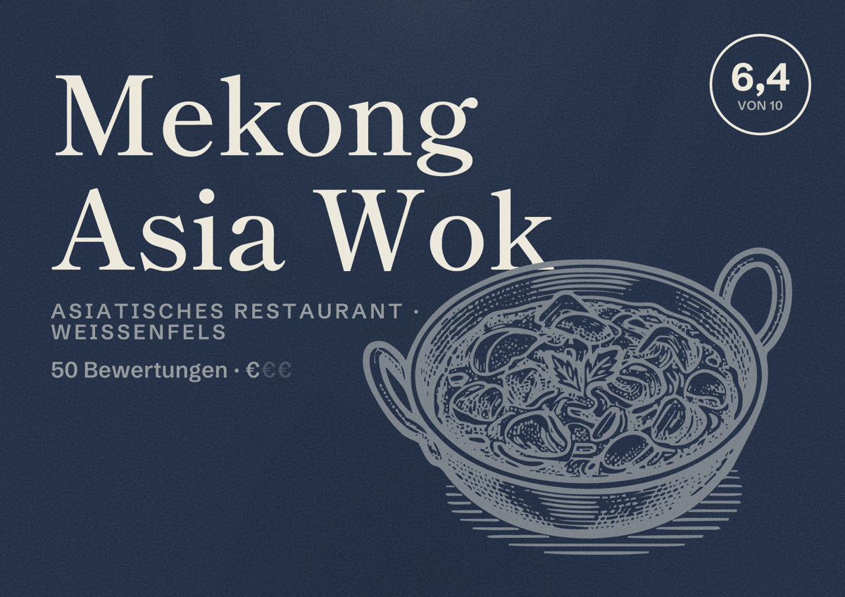 Illustriertes Poster von Mekong Asia Wok, Asiatisches Restaurant in Weißenfels: Bewertung 6,4 von 10 aus 50 Bewertungen, Preisniveau €