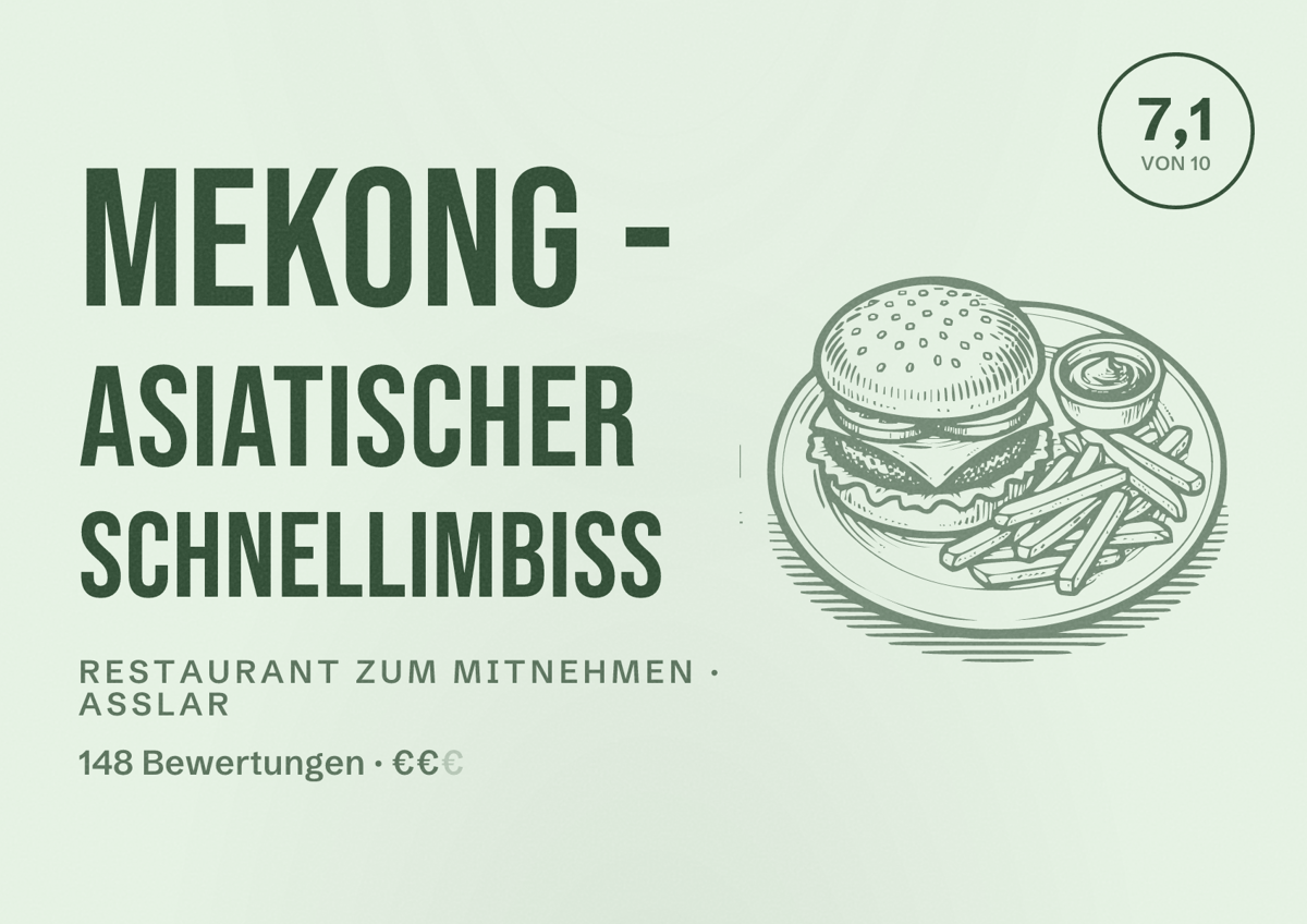 Illustriertes Poster von Mekong - Asiatischer Schnellimbiss, Restaurant zum Mitnehmen in Aßlar: Bewertung 7,1 von 10 aus 148 Bewertungen, Preisniveau €€