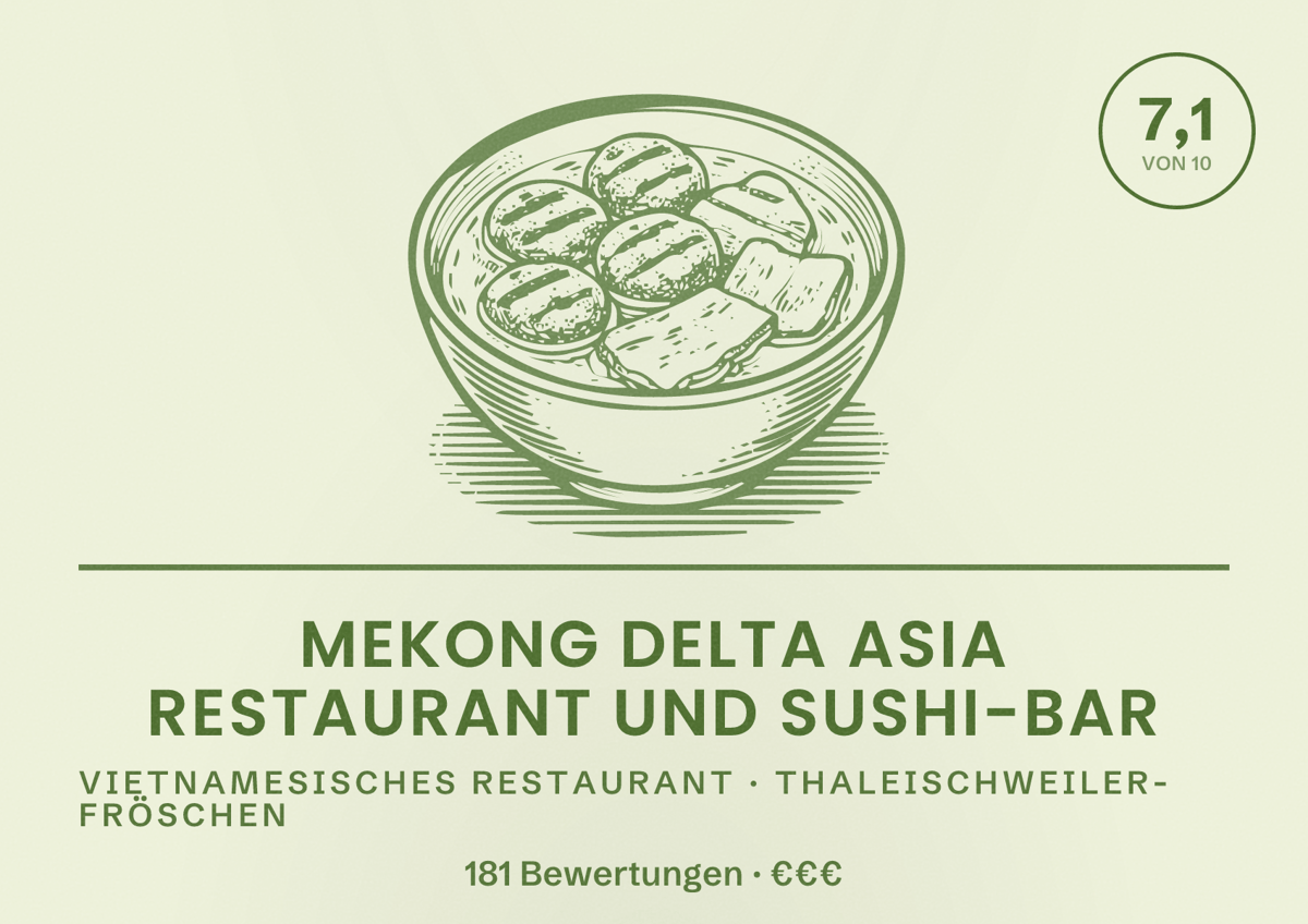 Illustriertes Poster von Mekong Delta Asia Restaurant und Sushi-Bar, Vietnamesisches Restaurant in Thaleischweiler-Fröschen: Bewertung 7,1 von 10 aus 181 Bewertungen, Preisniveau €€€