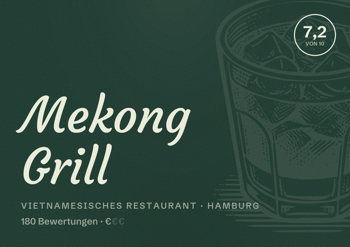 Illustriertes Poster von Mekong Grill, Vietnamesisches Restaurant in Hamburg: Bewertung 7,2 von 10 aus 180 Bewertungen, Preisniveau €