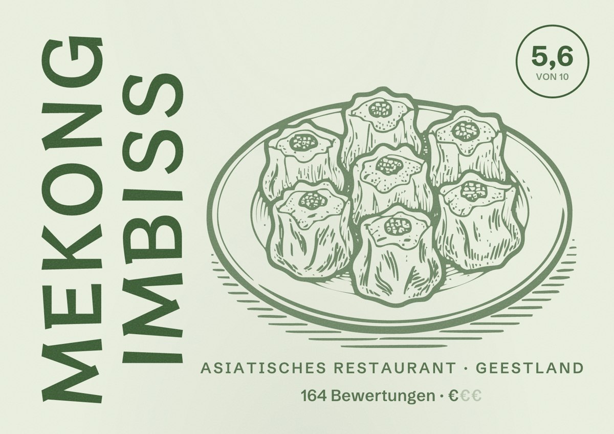 Illustriertes Poster von Mekong Imbiss, Asiatisches Restaurant in Geestland: Bewertung 5,6 von 10 aus 164 Bewertungen, Preisniveau €