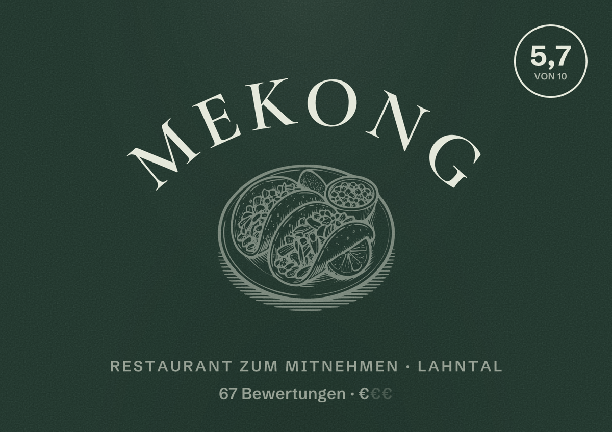 Illustriertes Poster von Mekong, Restaurant zum Mitnehmen in Lahntal: Bewertung 5,7 von 10 aus 67 Bewertungen, Preisniveau €