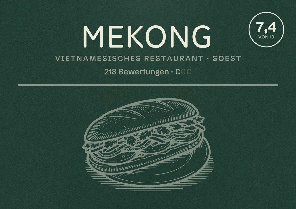 Illustriertes Poster von Mekong, Vietnamesisches Restaurant in Soest: Bewertung 7,4 von 10 aus 218 Bewertungen, Preisniveau €