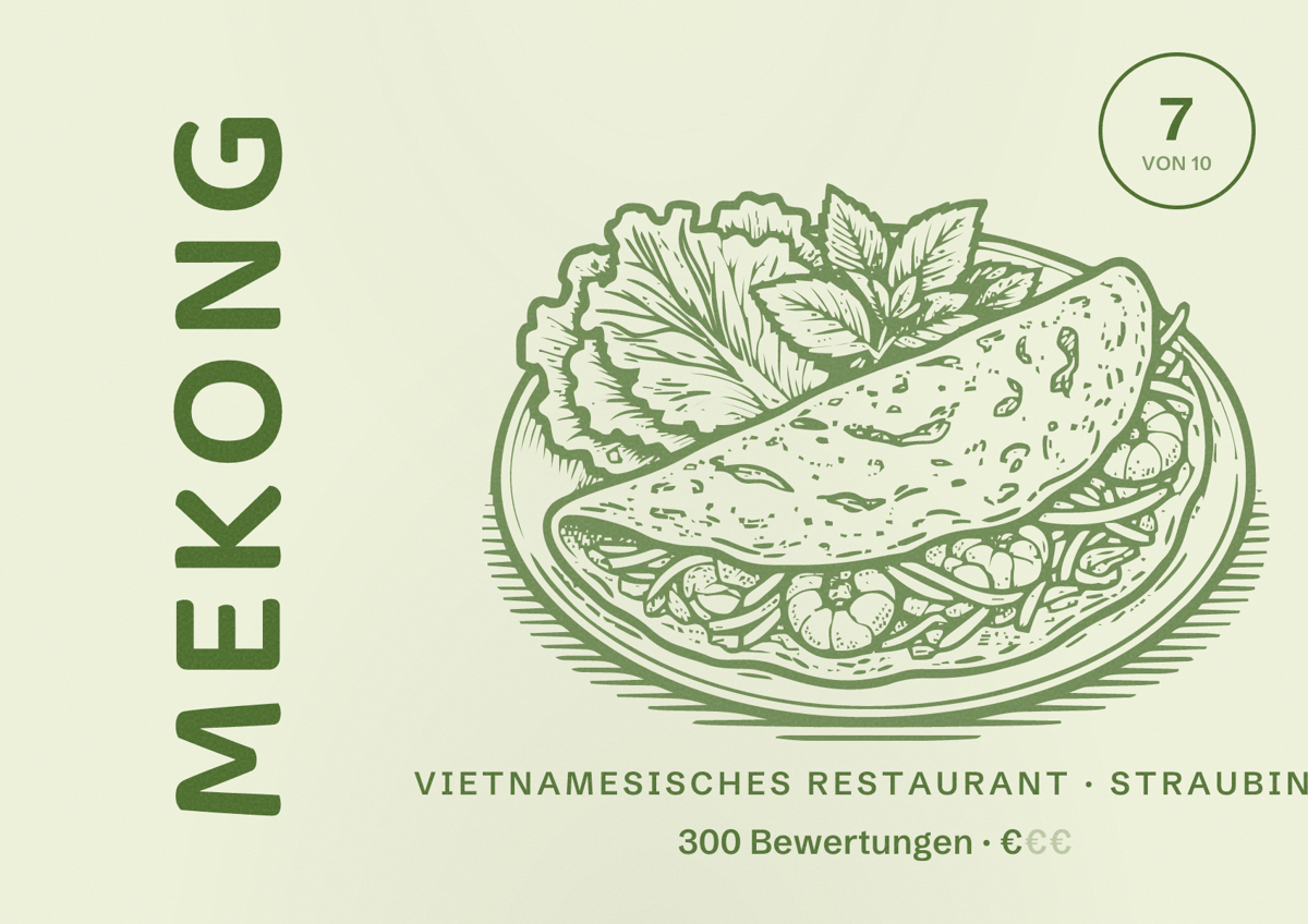 Illustriertes Poster von Mekong, Vietnamesisches Restaurant in Straubing: Bewertung 7 von 10 aus 300 Bewertungen, Preisniveau €