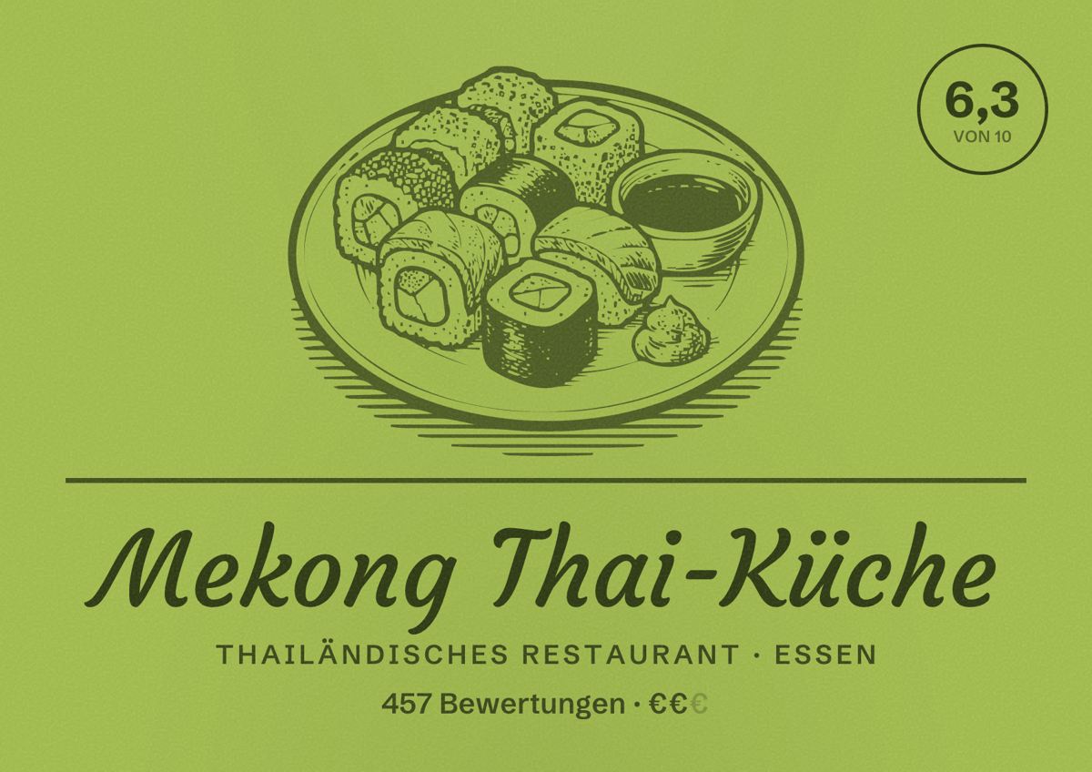 Illustriertes Poster von Mekong Thai-Küche, Thailändisches Restaurant in Essen: Bewertung 6,3 von 10 aus 457 Bewertungen, Preisniveau €€