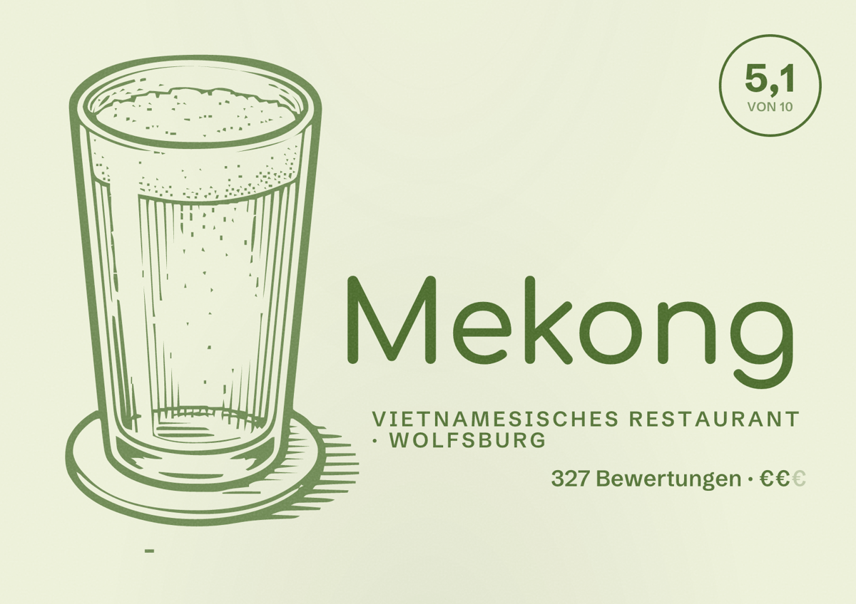 Illustriertes Poster von Mekong, Vietnamesisches Restaurant in Wolfsburg: Bewertung 5,1 von 10 aus 327 Bewertungen, Preisniveau €€