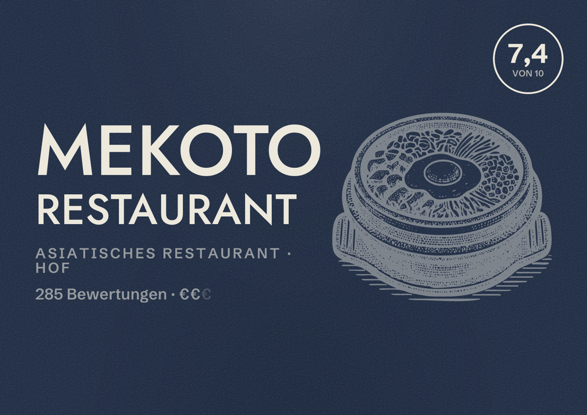 Illustriertes Poster von MEKOTO RESTAURANT, Asiatisches Restaurant in Hof: Bewertung 7,4 von 10 aus 285 Bewertungen, Preisniveau €€