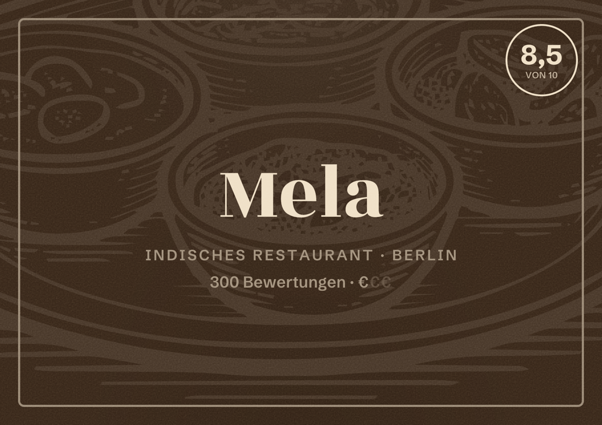 Illustriertes Poster von Mela, Indisches Restaurant in Berlin: Bewertung 8,5 von 10 aus 300 Bewertungen, Preisniveau €