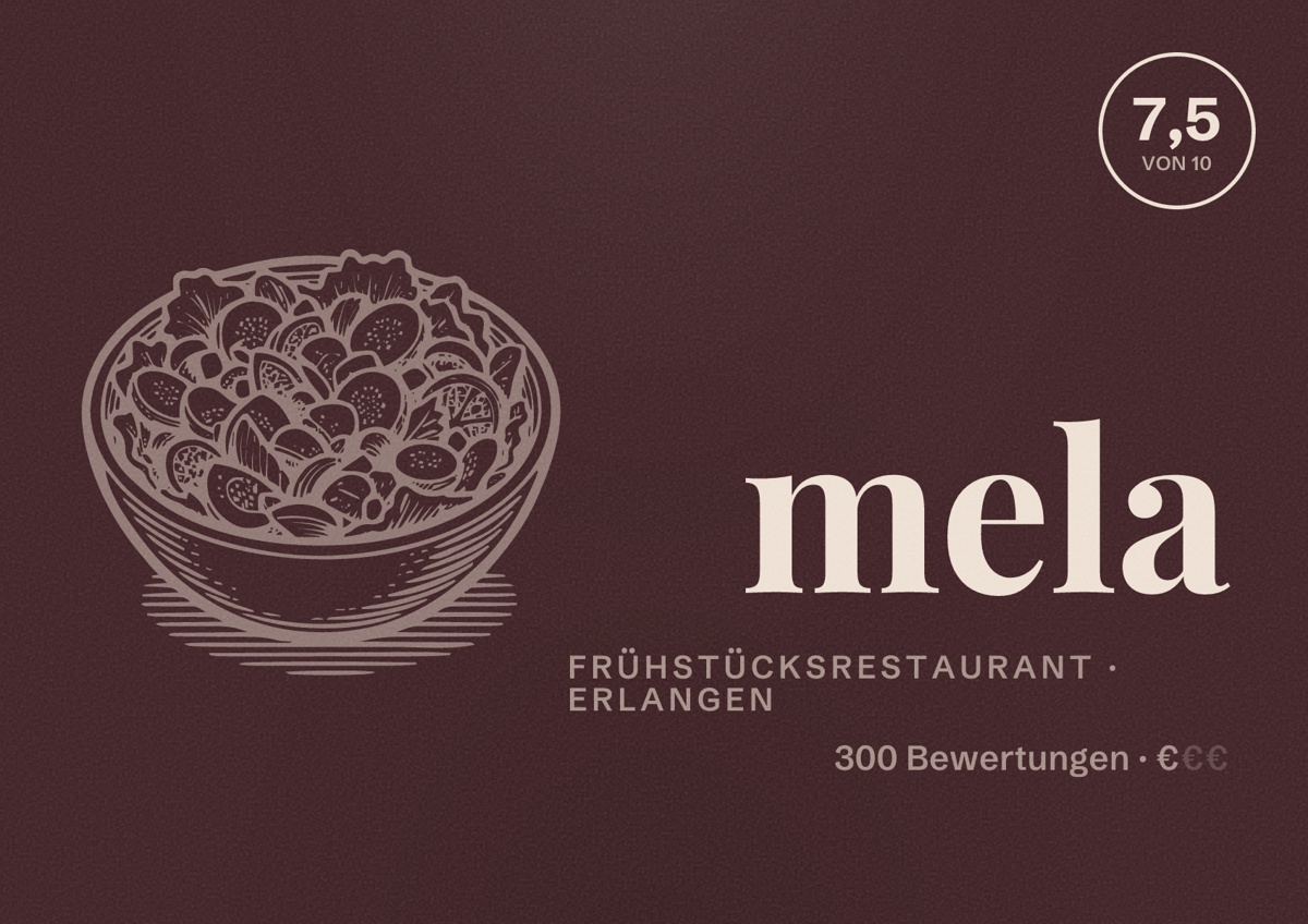 Illustriertes Poster von mela, Frühstücksrestaurant in Erlangen: Bewertung 7,5 von 10 aus 300 Bewertungen, Preisniveau €