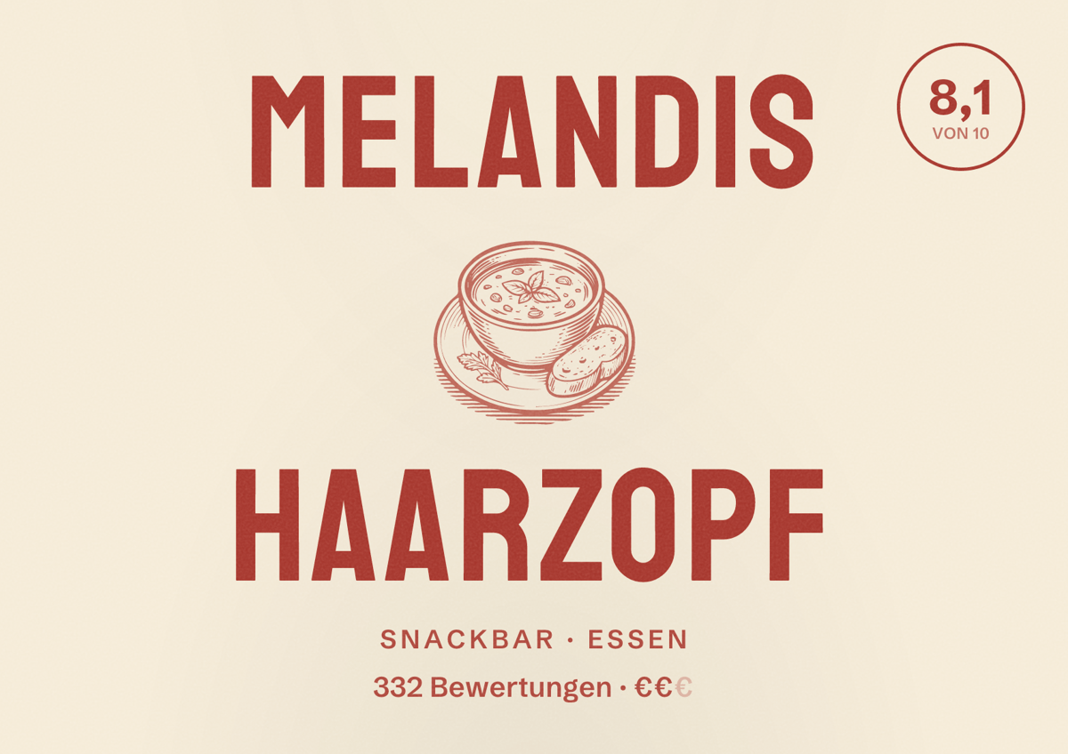 Illustriertes Poster von Melandis Haarzopf, Snackbar in Essen: Bewertung 8,1 von 10 aus 332 Bewertungen, Preisniveau €€