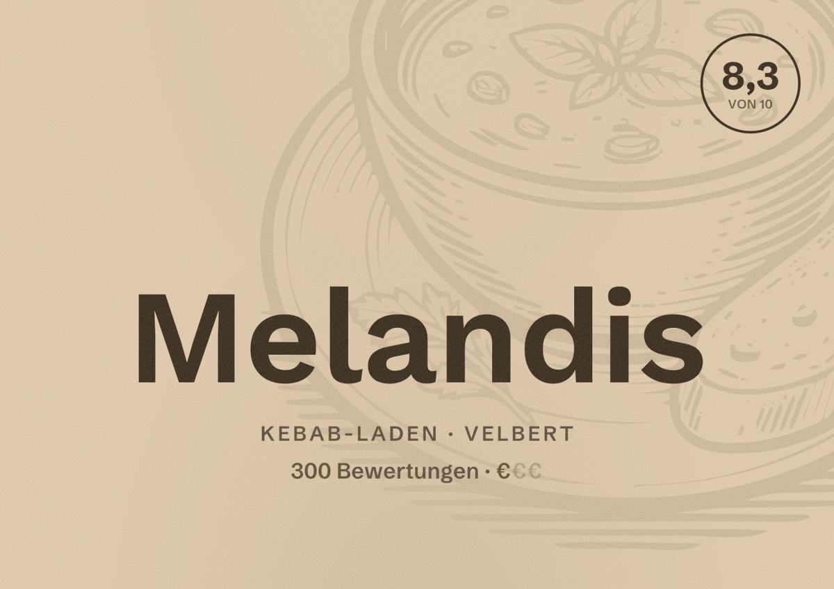 Illustriertes Poster von Melandis, Kebab-Laden in Velbert: Bewertung 8,3 von 10 aus 300 Bewertungen, Preisniveau €