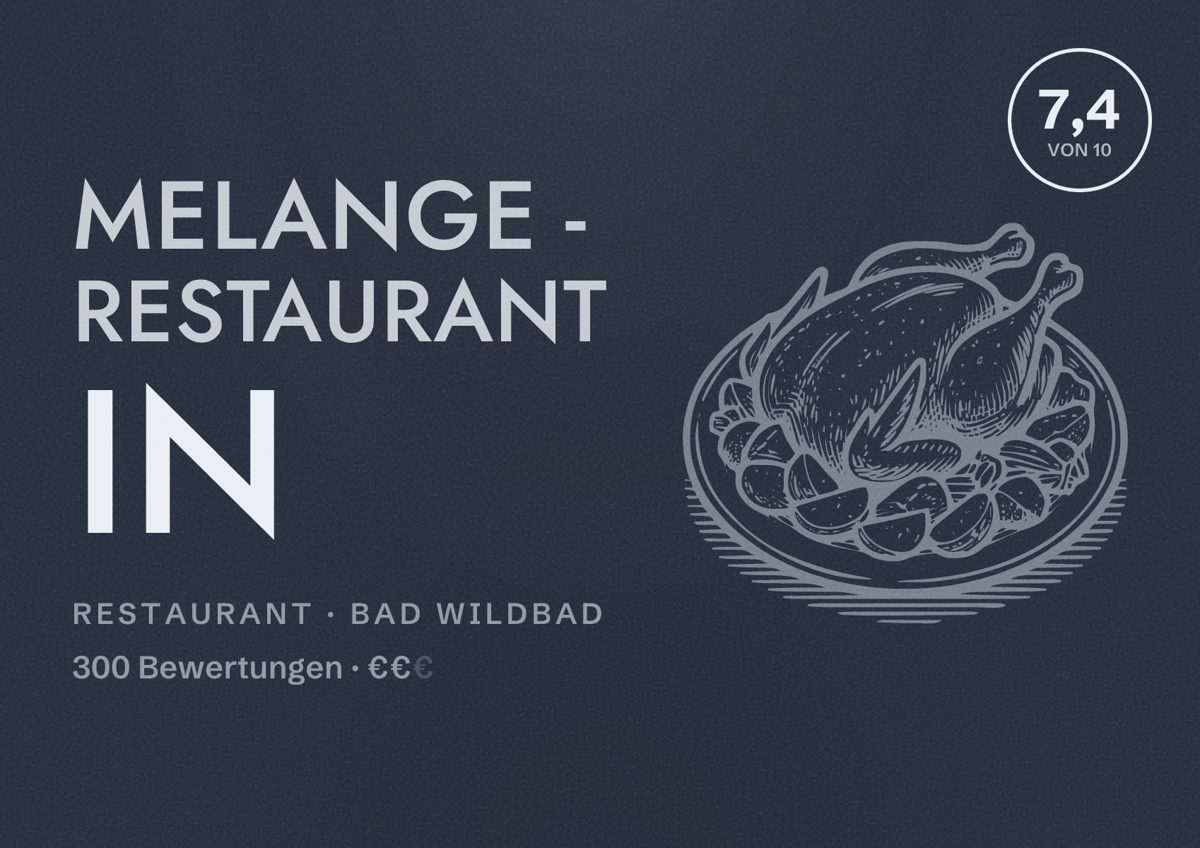 Illustriertes Poster von Melange - Restaurant in, Restaurant in Bad Wildbad: Bewertung 7,4 von 10 aus 300 Bewertungen, Preisniveau €€