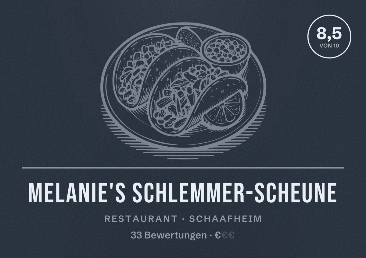 Illustriertes Poster von Melanie's Schlemmer-Scheune, Restaurant in Schaafheim: Bewertung 8,5 von 10 aus 33 Bewertungen, Preisniveau €