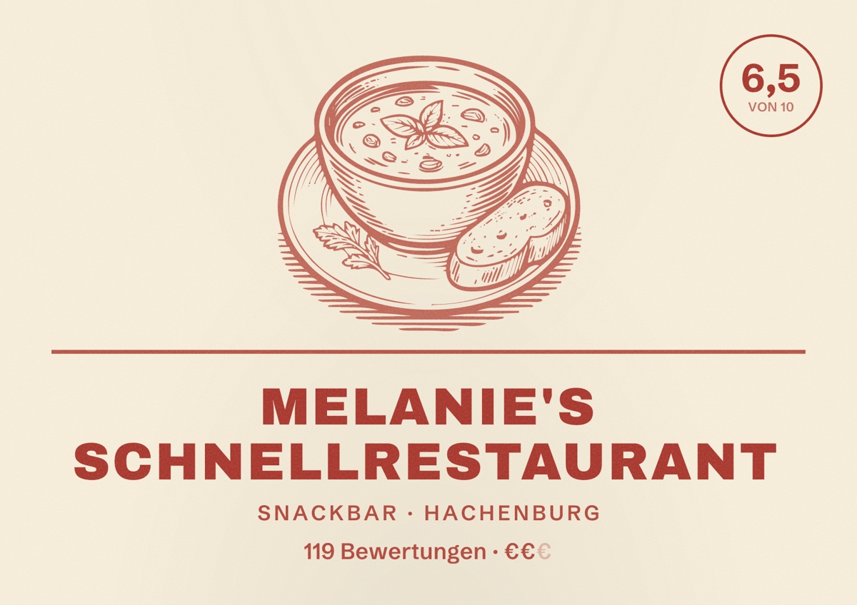 Illustriertes Poster von Melanie's Schnellrestaurant, Snackbar in Hachenburg: Bewertung 6,5 von 10 aus 119 Bewertungen, Preisniveau €€