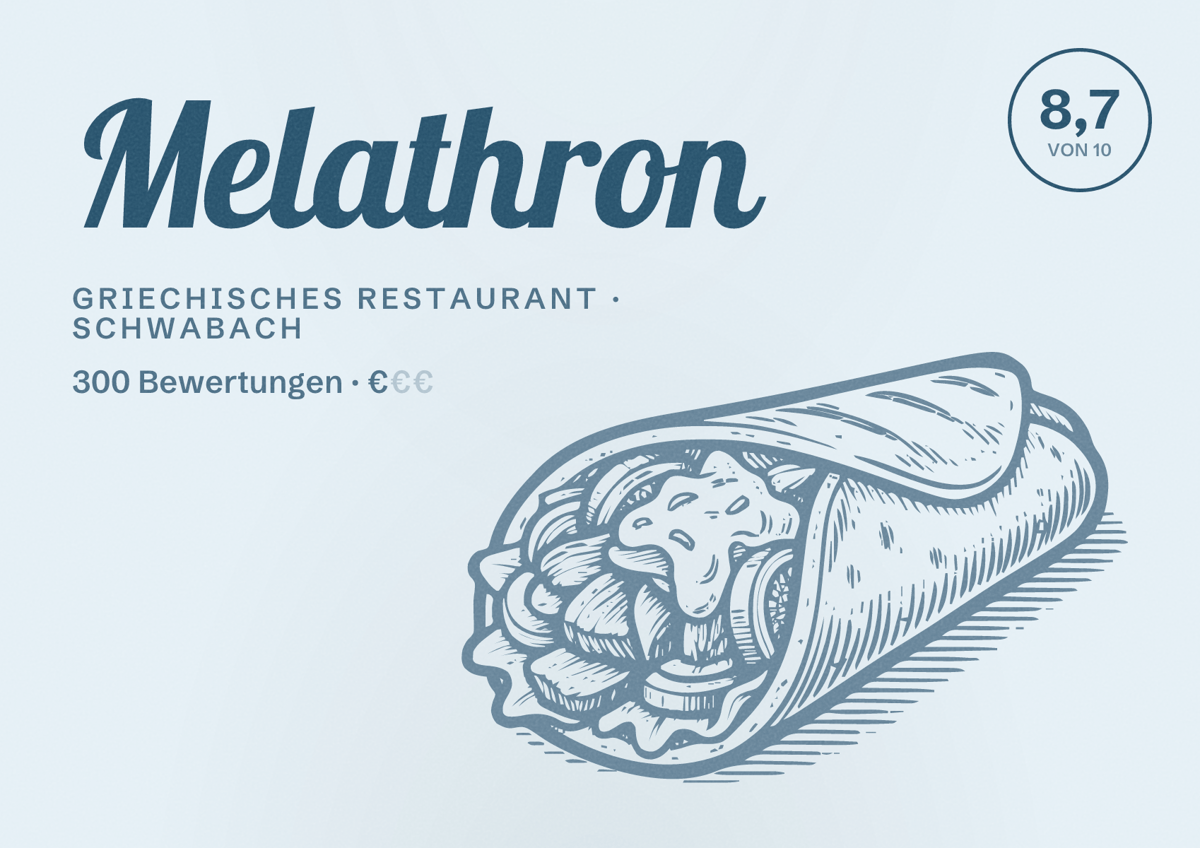 Illustriertes Poster von Melathron, Griechisches Restaurant in Schwabach: Bewertung 8,7 von 10 aus 300 Bewertungen, Preisniveau €