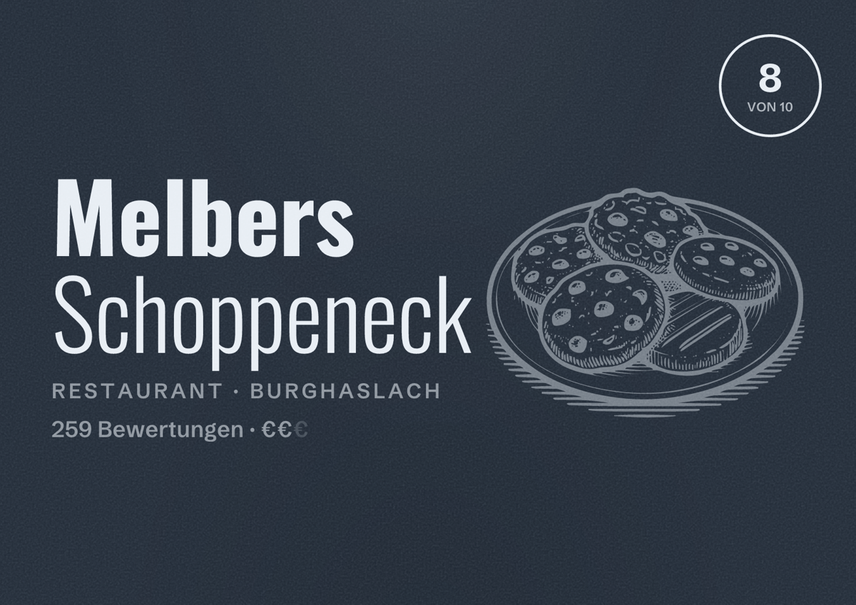 Illustriertes Poster von Melbers Schoppeneck, Restaurant in Burghaslach: Bewertung 8 von 10 aus 259 Bewertungen, Preisniveau €€