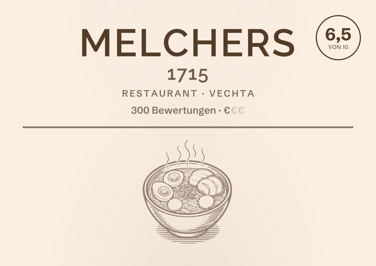 Illustriertes Poster von Melchers 1715, Restaurant in Vechta: Bewertung 6,5 von 10 aus 300 Bewertungen, Preisniveau €