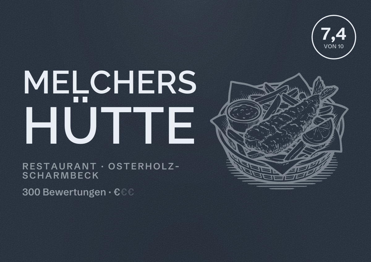 Illustriertes Poster von Melchers Hütte, Restaurant in Osterholz-Scharmbeck: Bewertung 7,4 von 10 aus 300 Bewertungen, Preisniveau €