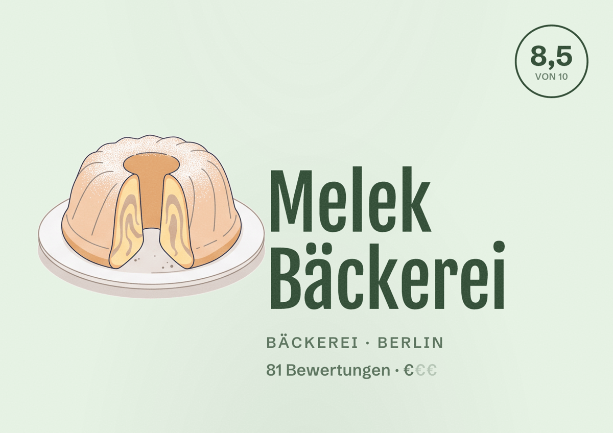 Illustriertes Poster von Melek Bäckerei, Bäckerei in Berlin: Bewertung 8,5 von 10 aus 81 Bewertungen, Preisniveau €