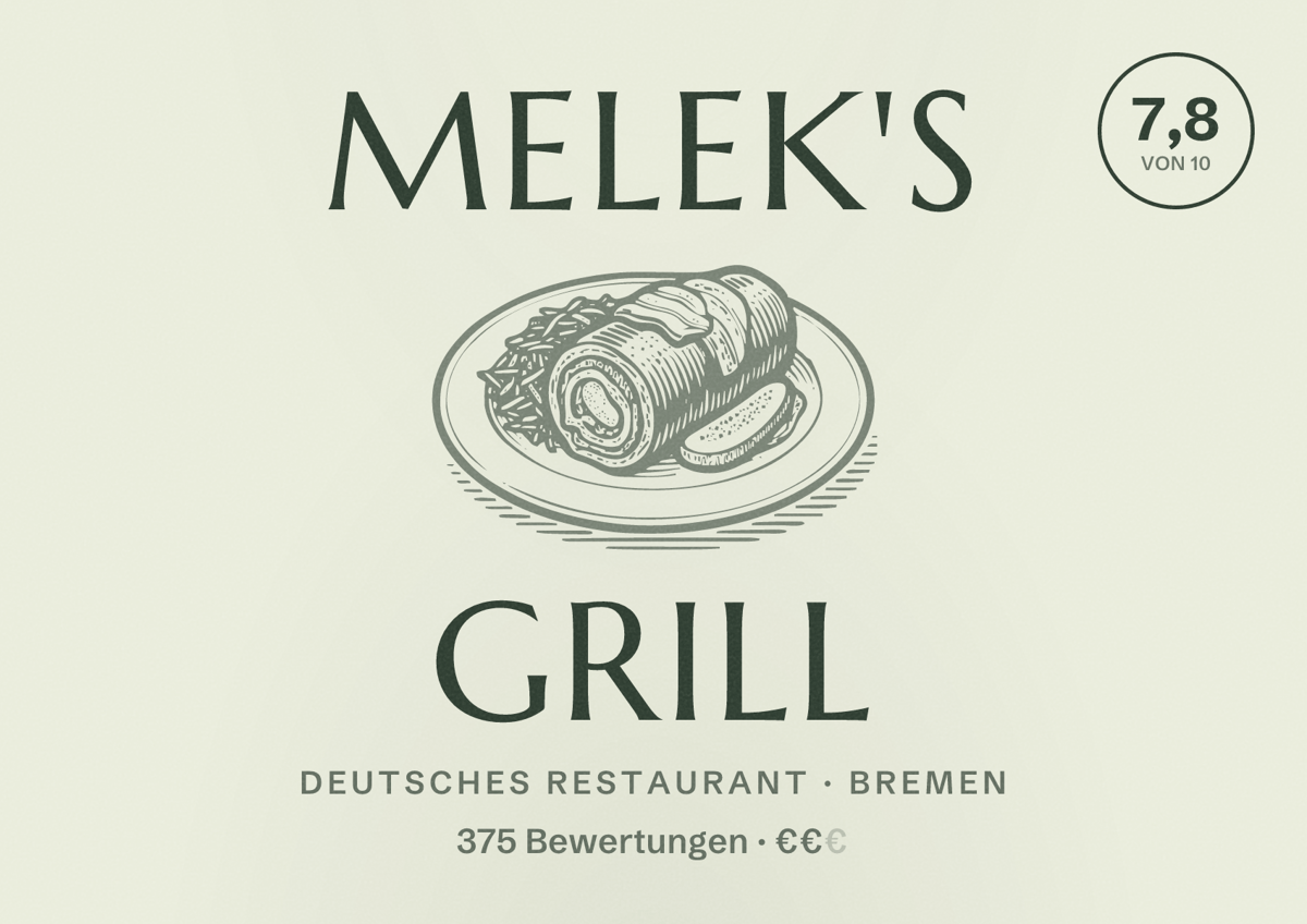 Illustriertes Poster von Melek's Grill, Deutsches Restaurant in Bremen: Bewertung 7,8 von 10 aus 375 Bewertungen, Preisniveau €€