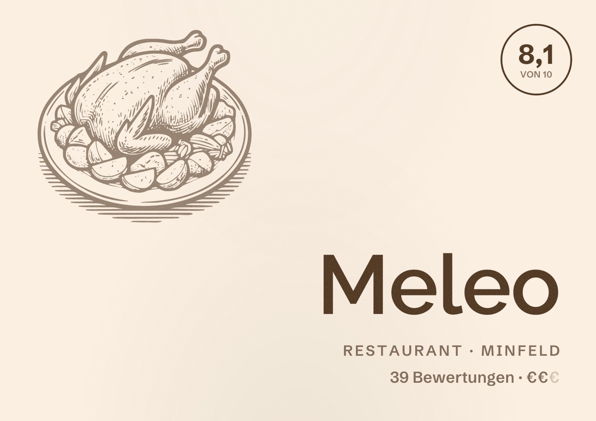 Illustriertes Poster von Meleo, Restaurant in Minfeld: Bewertung 8,1 von 10 aus 39 Bewertungen, Preisniveau €€