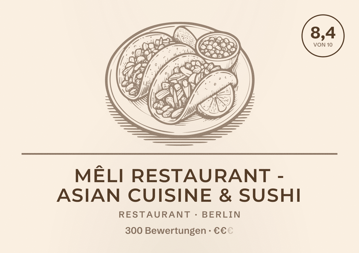 Illustriertes Poster von MÊLI Restaurant - Asian Cuisine & Sushi, Restaurant in Berlin: Bewertung 8,4 von 10 aus 300 Bewertungen, Preisniveau €€