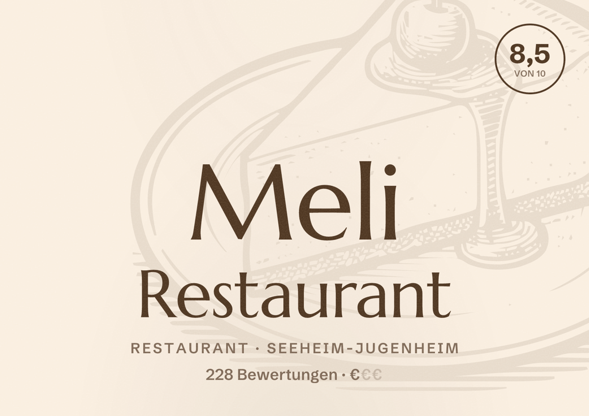 Illustriertes Poster von Meli Restaurant, Restaurant in Seeheim-Jugenheim: Bewertung 8,5 von 10 aus 228 Bewertungen, Preisniveau €