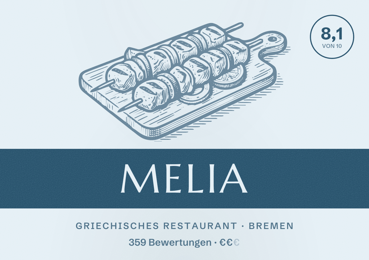 Illustriertes Poster von Melia, Griechisches Restaurant in Bremen: Bewertung 8,1 von 10 aus 359 Bewertungen, Preisniveau €€
