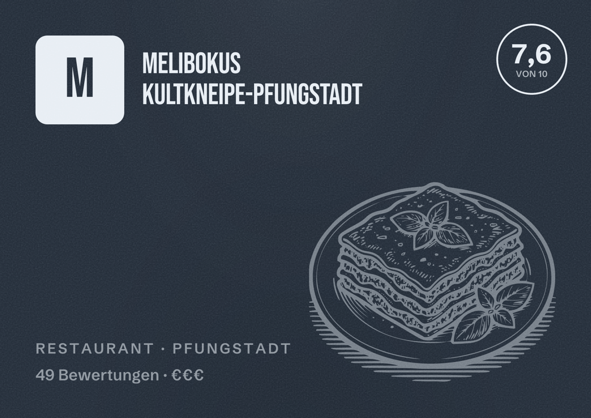 Illustriertes Poster von Melibokus Kultkneipe-Pfungstadt, Restaurant in Pfungstadt: Bewertung 7,6 von 10 aus 49 Bewertungen, Preisniveau €€€