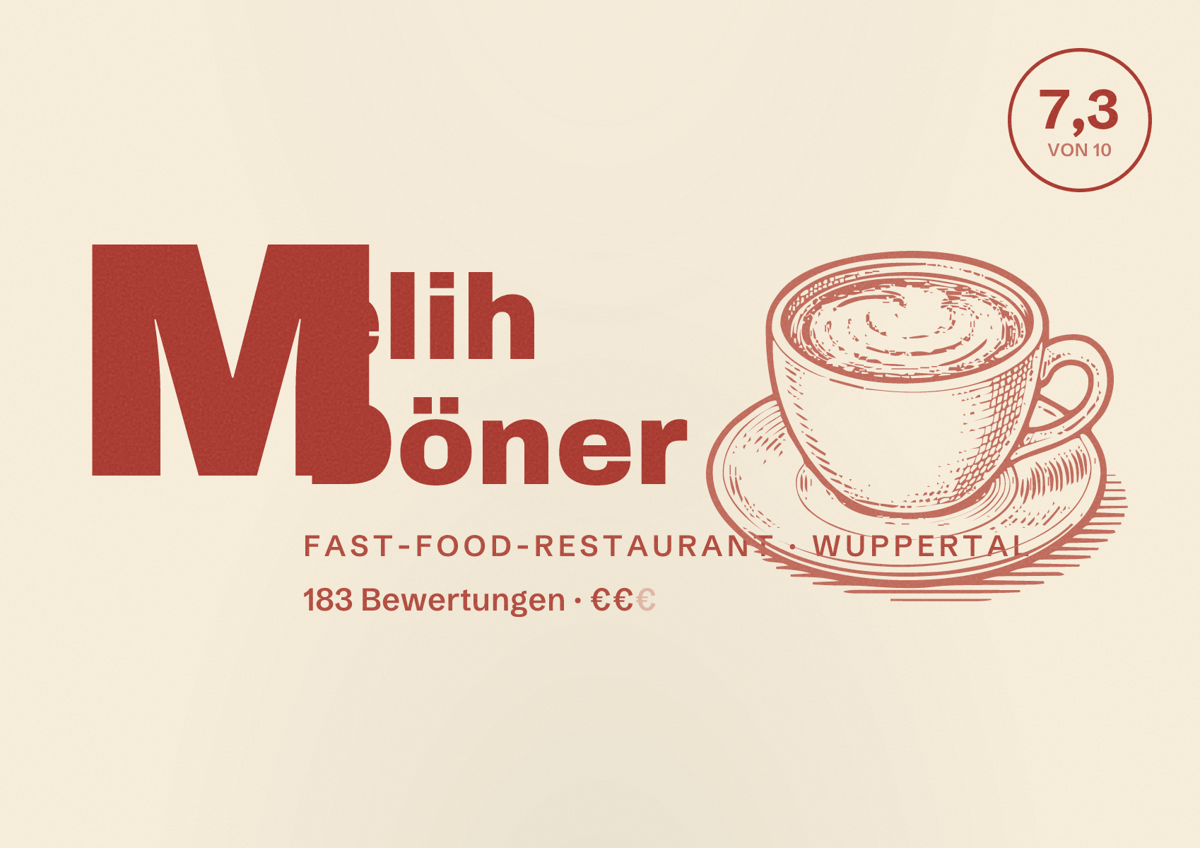 Illustriertes Poster von Melih Döner, Fast-Food-Restaurant in Wuppertal: Bewertung 7,3 von 10 aus 183 Bewertungen, Preisniveau €€