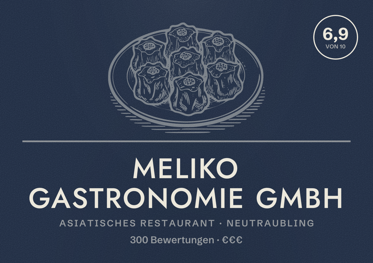 Illustriertes Poster von Meliko Gastronomie GmbH, Asiatisches Restaurant in Neutraubling: Bewertung 6,9 von 10 aus 300 Bewertungen, Preisniveau €€€