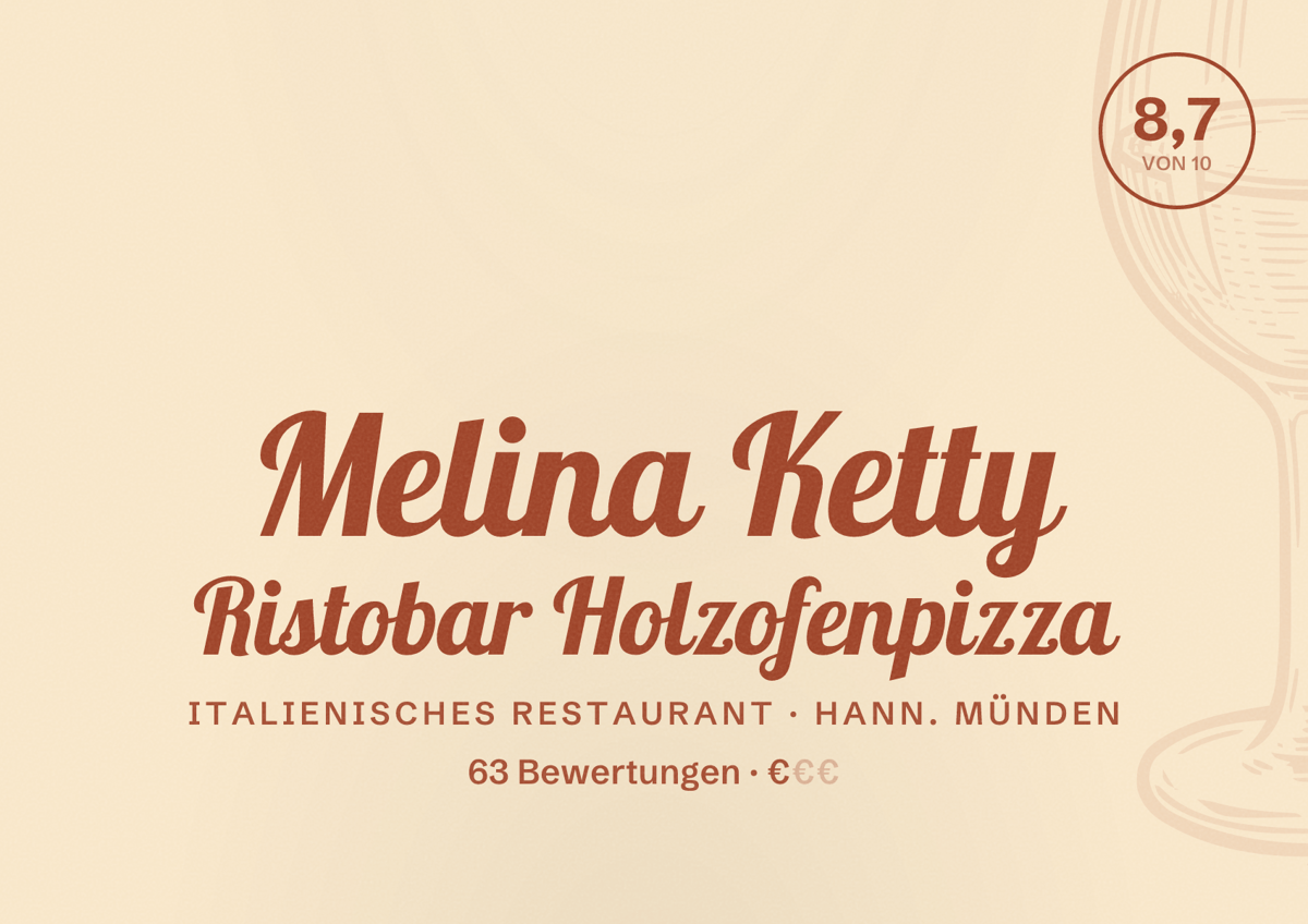 Illustriertes Poster von Melina Ketty Ristobar Holzofenpizza, Italienisches Restaurant in Hann. Münden: Bewertung 8,7 von 10 aus 63 Bewertungen, Preisniveau €