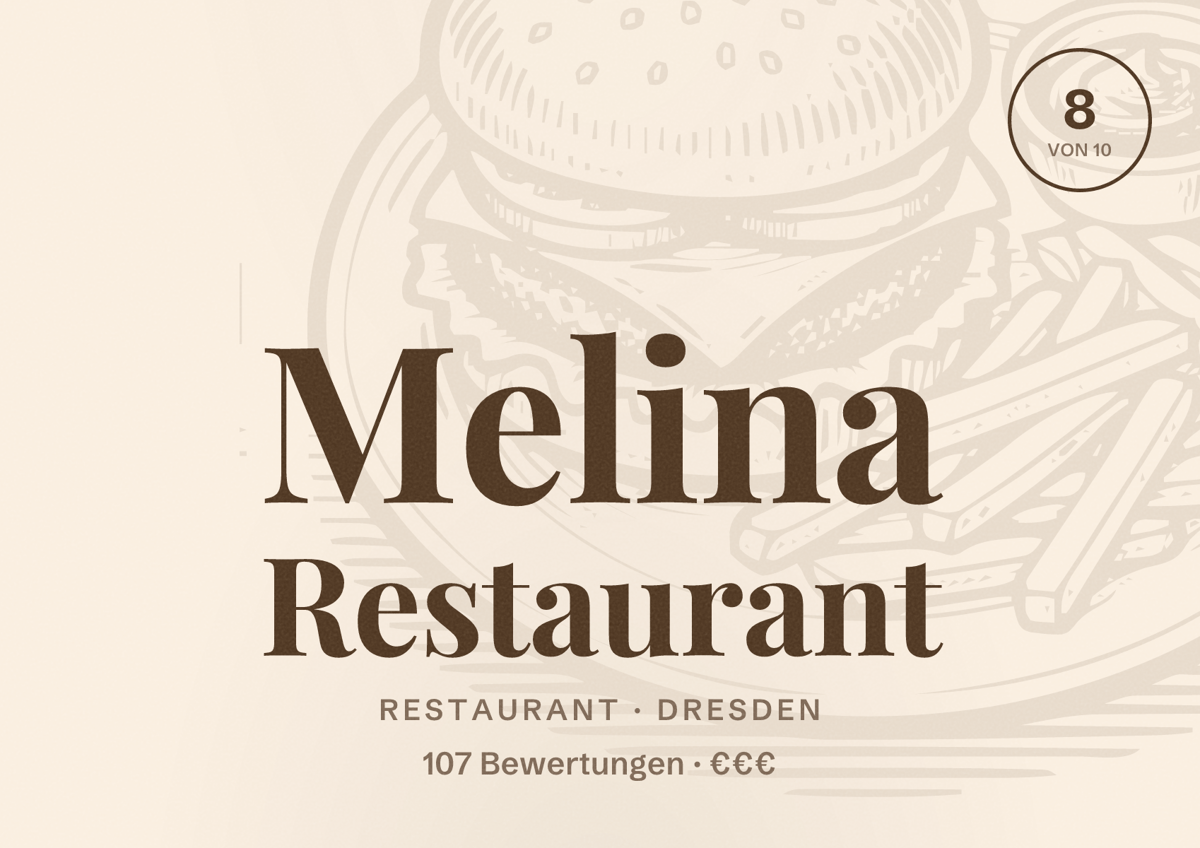 Illustriertes Poster von Melina Restaurant, Restaurant in Dresden: Bewertung 8 von 10 aus 107 Bewertungen, Preisniveau €€€