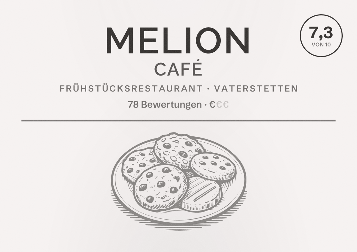 Illustriertes Poster von Melion Café, Frühstücksrestaurant in Vaterstetten: Bewertung 7,3 von 10 aus 78 Bewertungen, Preisniveau €
