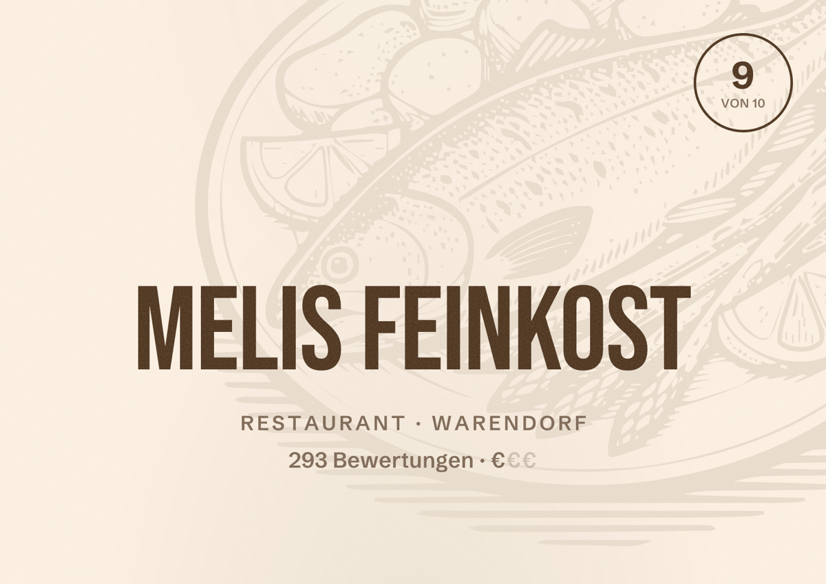 Illustriertes Poster von Melis Feinkost, Restaurant in Warendorf: Bewertung 9 von 10 aus 293 Bewertungen, Preisniveau €