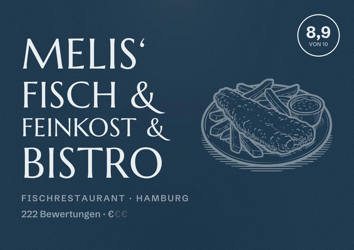 Illustriertes Poster von Melis‘ Fisch & Feinkost & Bistro, Fischrestaurant in Hamburg: Bewertung 8,9 von 10 aus 222 Bewertungen, Preisniveau €