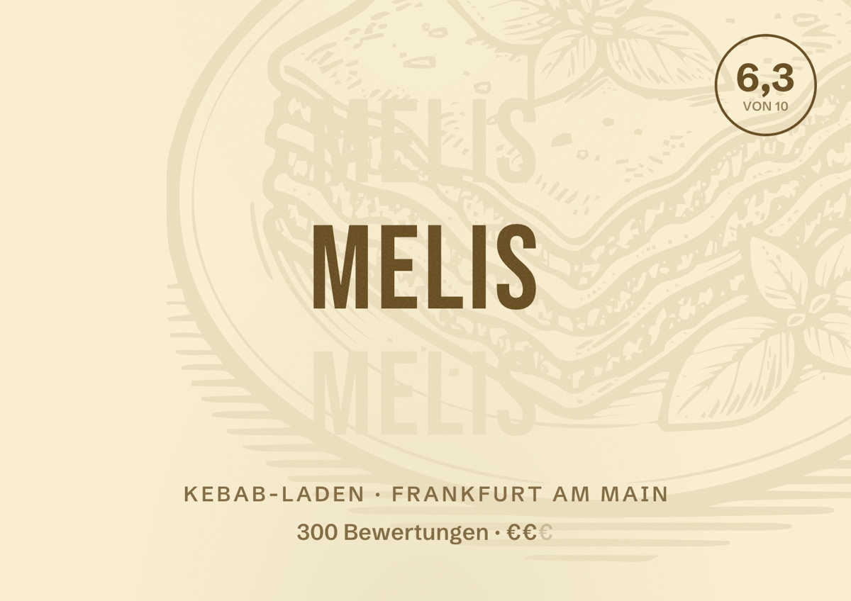 Illustriertes Poster von Melis, Kebab-Laden in Frankfurt am Main: Bewertung 6,3 von 10 aus 300 Bewertungen, Preisniveau €€