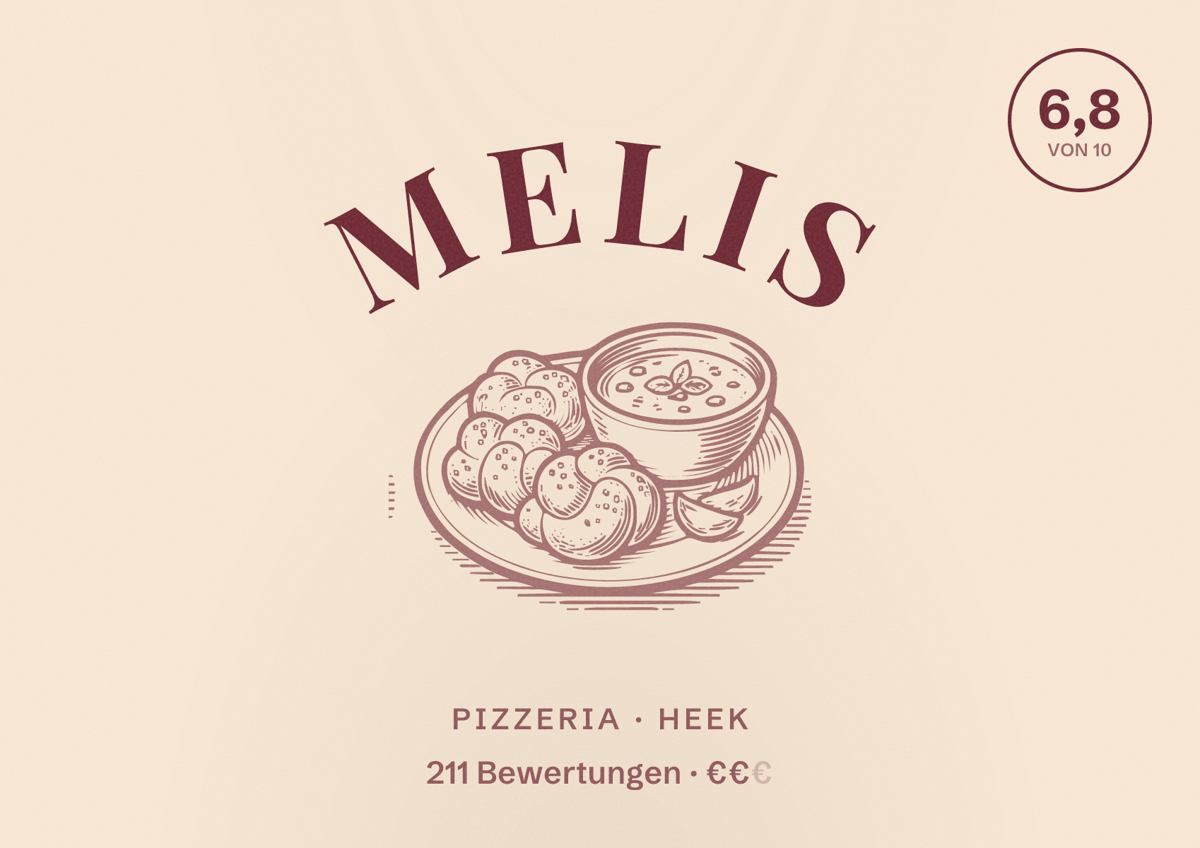Illustriertes Poster von Melis, Pizzeria in Heek: Bewertung 6,8 von 10 aus 211 Bewertungen, Preisniveau €€