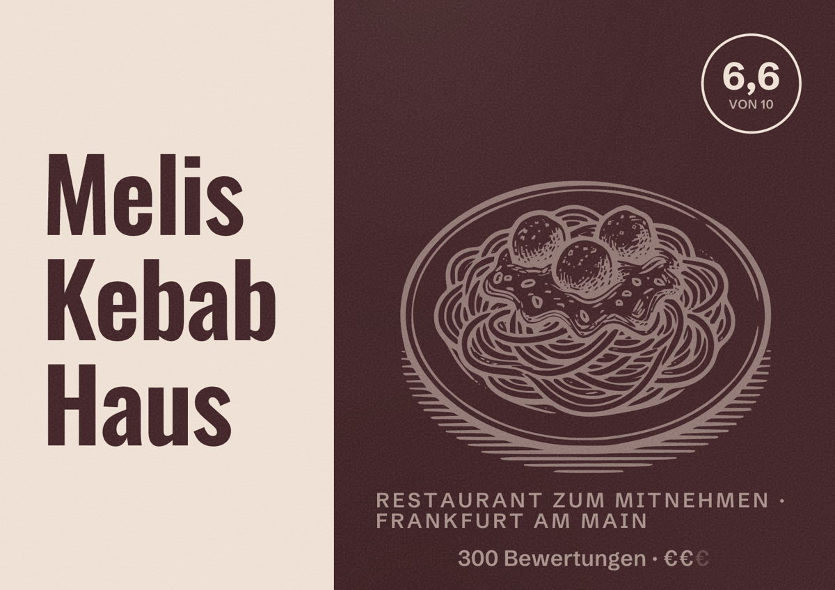 Illustriertes Poster von Melis Kebab Haus, Restaurant zum Mitnehmen in Frankfurt am Main: Bewertung 6,6 von 10 aus 300 Bewertungen, Preisniveau €€