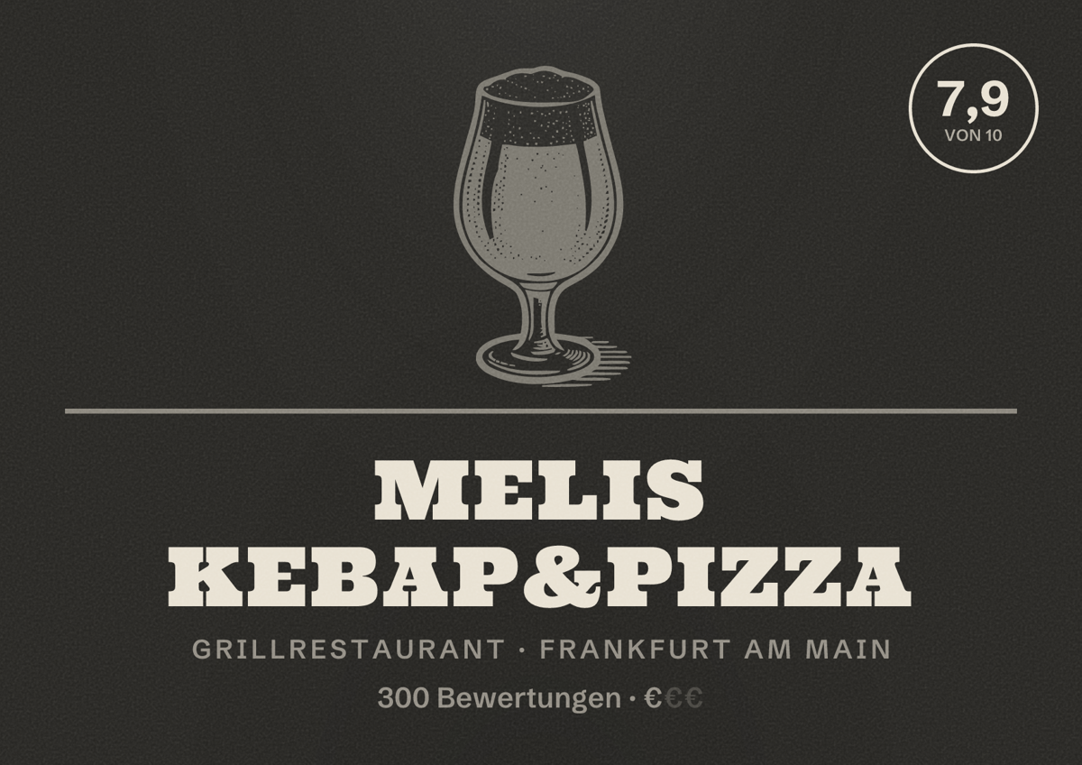 Illustriertes Poster von Melis Kebap&Pizza, Grillrestaurant in Frankfurt am Main: Bewertung 7,9 von 10 aus 300 Bewertungen, Preisniveau €
