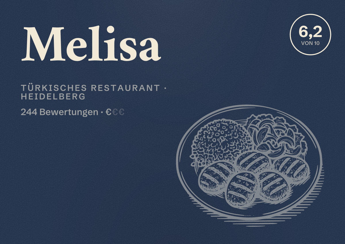 Illustriertes Poster von Melisa, Türkisches Restaurant in Heidelberg: Bewertung 6,2 von 10 aus 244 Bewertungen, Preisniveau €