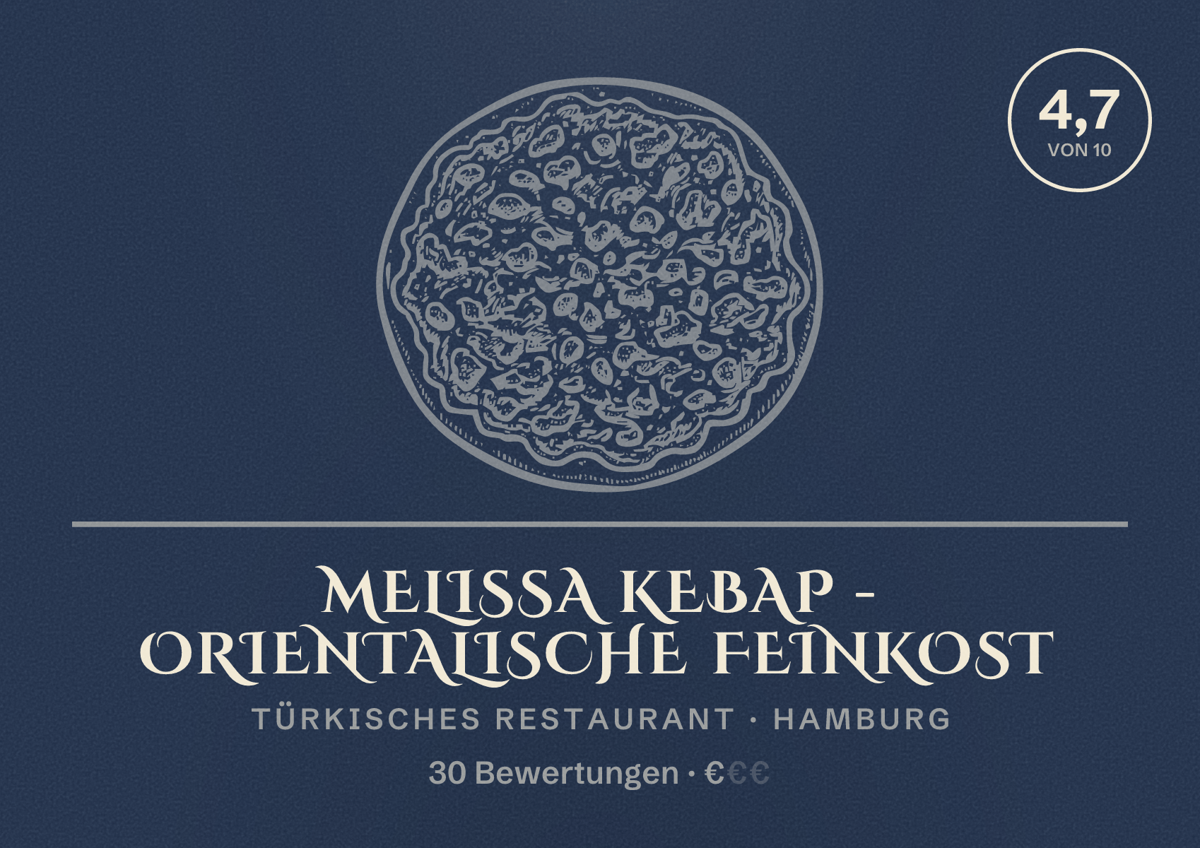 Illustriertes Poster von Melissa Kebap - Orientalische Feinkost, Türkisches Restaurant in Hamburg: Bewertung 4,7 von 10 aus 30 Bewertungen, Preisniveau €