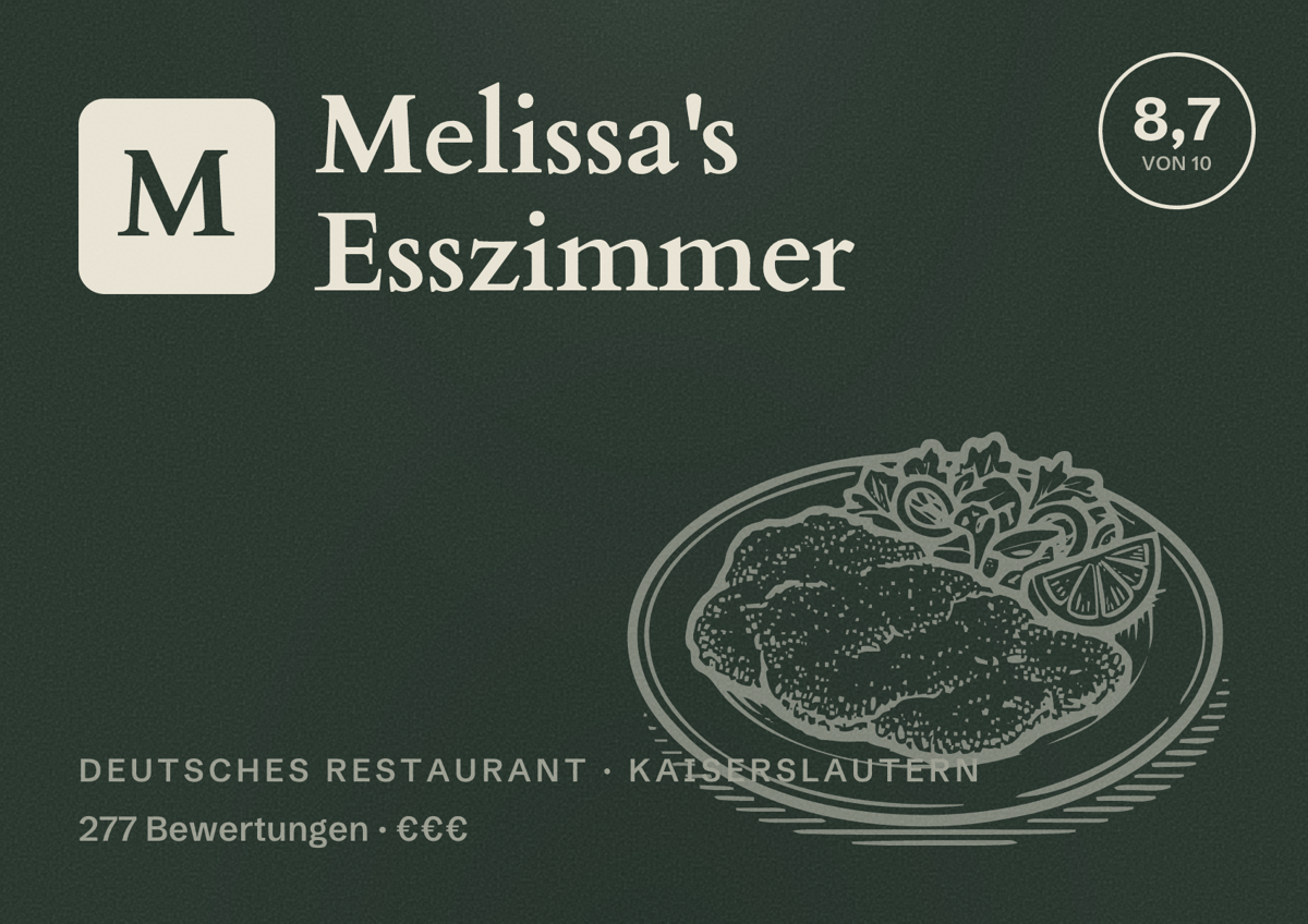 Illustriertes Poster von Melissa's Esszimmer, Deutsches Restaurant in Kaiserslautern: Bewertung 8,7 von 10 aus 277 Bewertungen, Preisniveau €€€