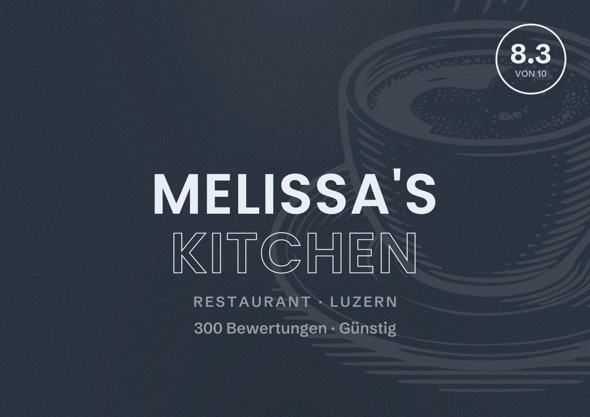 Illustriertes Poster von Melissa's Kitchen, Restaurant in Luzern: Bewertung 8.3 von 10 aus 300 Bewertungen, Preisniveau Günstig