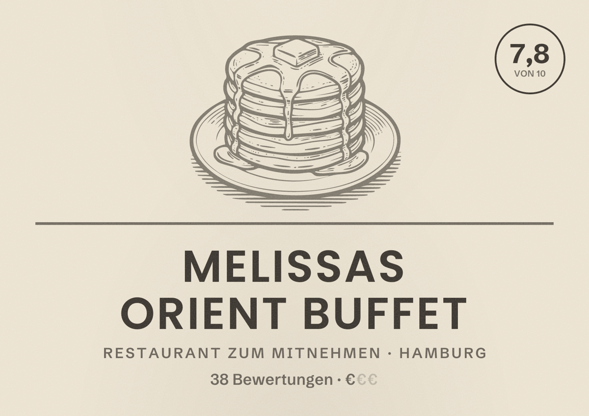 Illustriertes Poster von Melissas Orient Buffet, Restaurant zum Mitnehmen in Hamburg: Bewertung 7,8 von 10 aus 38 Bewertungen, Preisniveau €