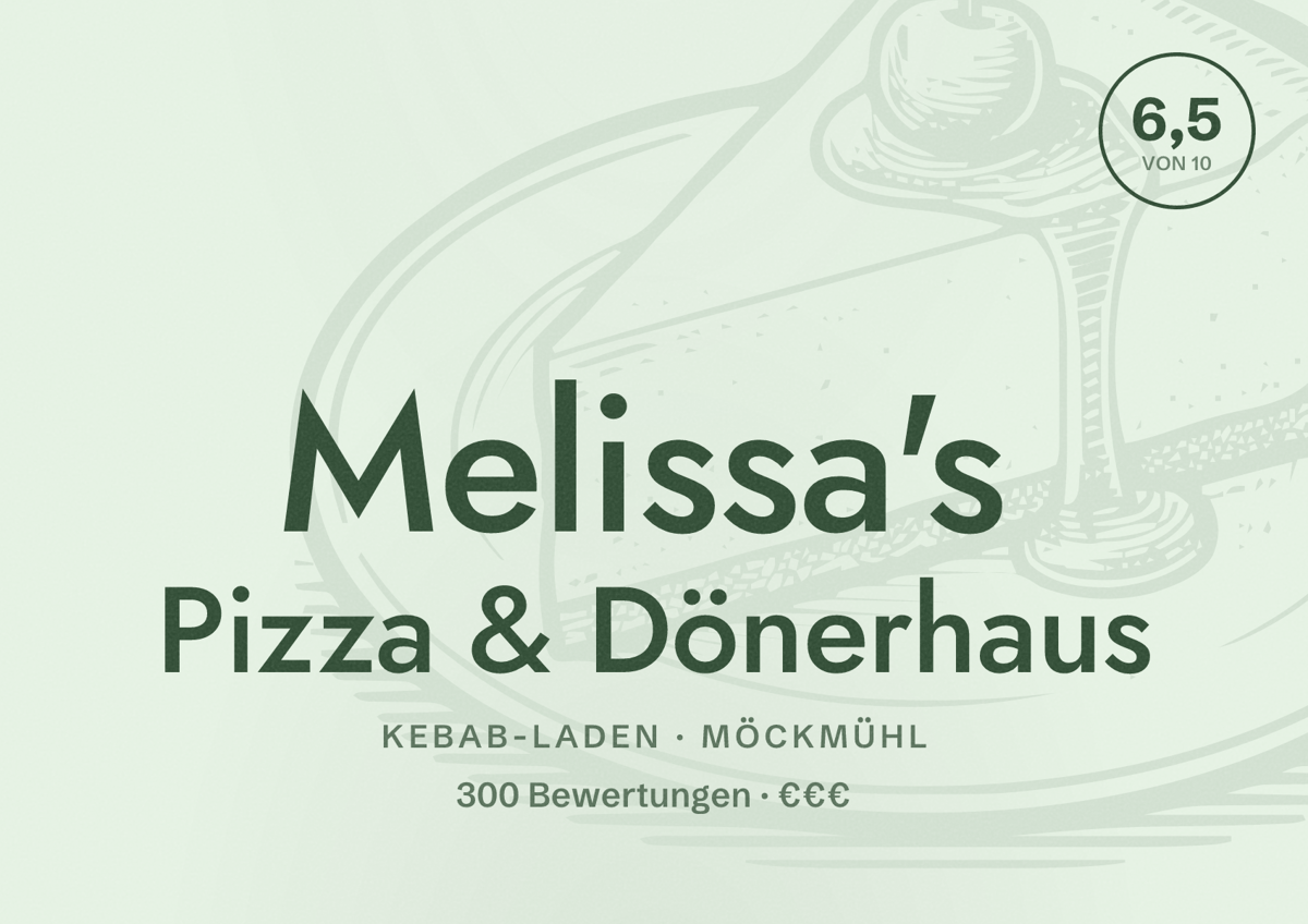 Illustriertes Poster von Melissa's Pizza & Dönerhaus, Kebab-Laden in Möckmühl: Bewertung 6,5 von 10 aus 300 Bewertungen, Preisniveau €€€