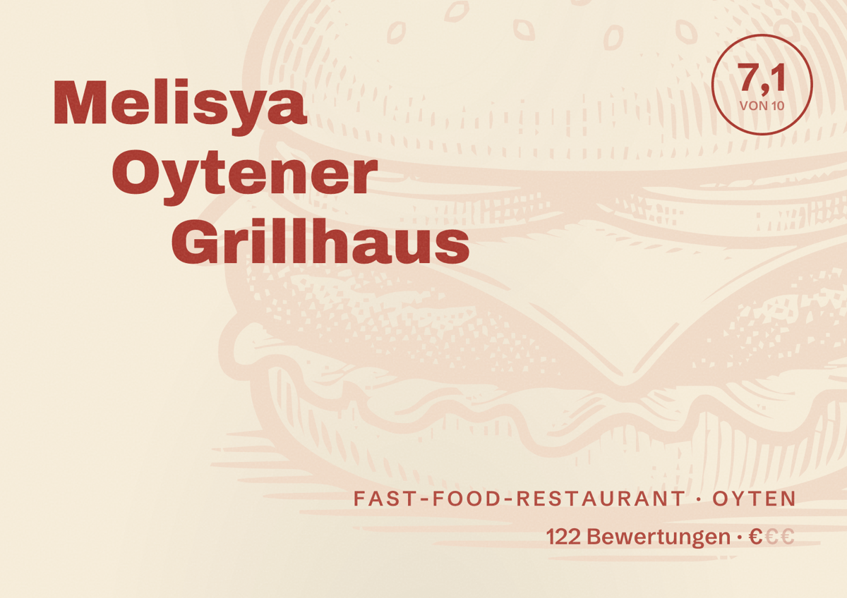 Illustriertes Poster von Melisya Oytener Grillhaus, Fast-Food-Restaurant in Oyten: Bewertung 7,1 von 10 aus 122 Bewertungen, Preisniveau €