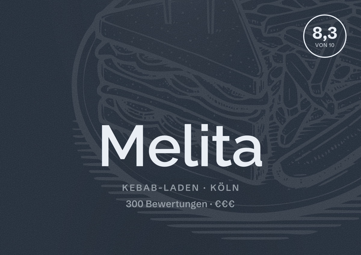 Illustriertes Poster von Melita, Kebab-Laden in Köln: Bewertung 8,3 von 10 aus 300 Bewertungen, Preisniveau €€€