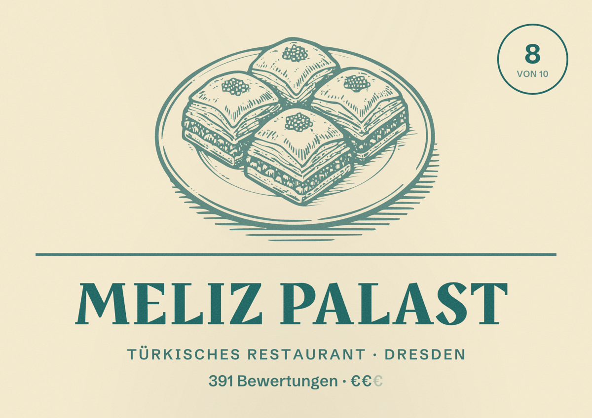 Illustriertes Poster von Meliz Palast, Türkisches Restaurant in Dresden: Bewertung 8,0 von 10 aus 391 Bewertungen, Preisniveau €€